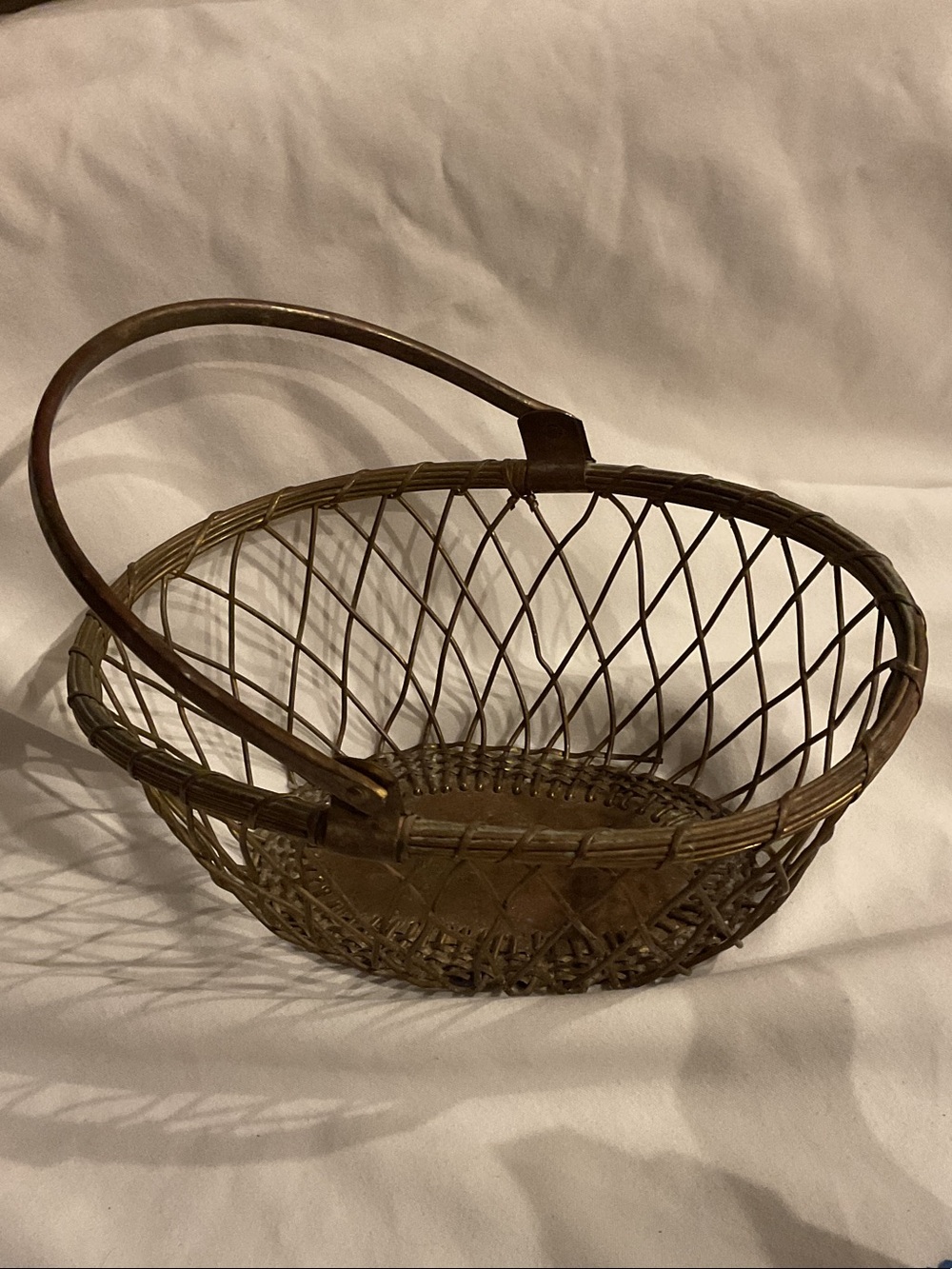 Heavy Metal Woven Basket Swing Handle Gold Metal  Rustic Farmhouse 11” VTG 1940